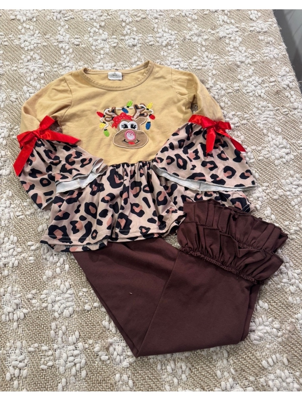 Christmas fashion outfit, brown cheetah print, size 3T
